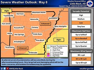 This graphic from the National Weather Service highlights portions of Arkansas set to see severe weather on Wednesday. (National Weather Service/X)